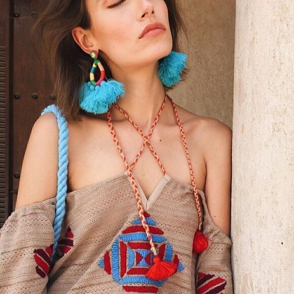 Jewelry - NWT Mochi Hallu Summer Drop Tassel Woven Blue Boho Fringe Crochet Big Earrings